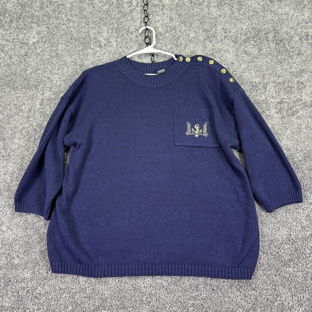 Vtg Extra Shenanigans Sweater Womens 24 Blue Nautical Anchor Knit Pullover Plus